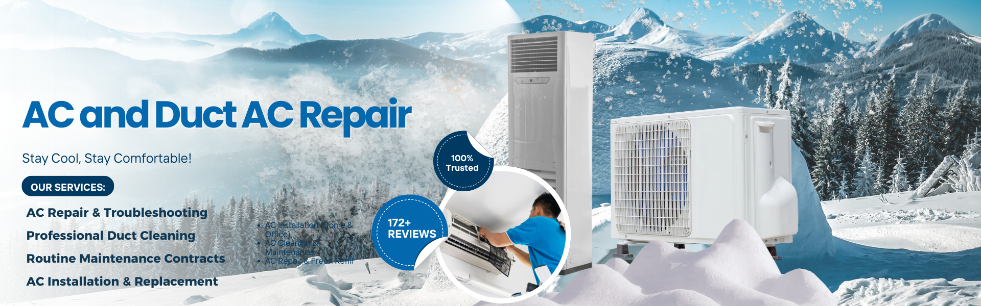 Home 1 Blue and White Modern AC Installation Services Facebook Cover 1920 x 600